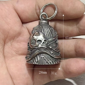 Detail view of motorcycle rider bell pendant showing 41mm height and 28mm width dimensions
