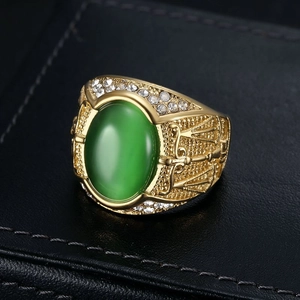 Men's gold plated stainless steel Libra ring with green opal and white zircons