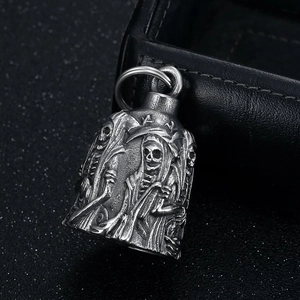 Gothic vintage stainless steel Grim Reaper bell pendant with a skull relief for necklaces