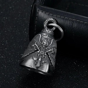 Vintage stainless steel biker bell keychain with winged skull motif on black leather