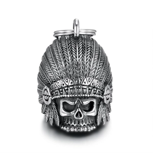 Vintage Stainless Steel Indian Chieftain Skull Head Bell Pendant For Men Biker Gothic Punk Motorcycle Jewelry Hanging Gift