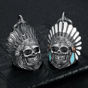 Stainless Steel Indian Chief Skull Guardian Bell Keychain Retro Punk Biker Bell Pendant Ornament For Men Riding Jewelry