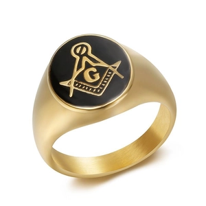 Bague Chevalière Maçonnique AG Hip Hop Vintage pour Homme Acier Inoxydable Plaqué Or Émail Noir Équerre et Compas Bague