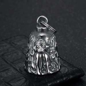 Vintage stainless steel lucky bell pendant featuring a firefighter dog on a dark base