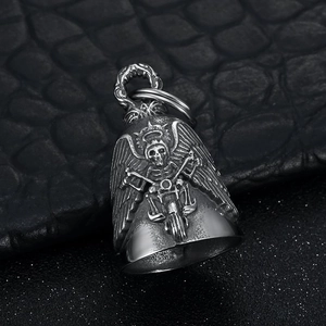 Gothic stainless steel motorcycle bell keychain with winged skull relief design