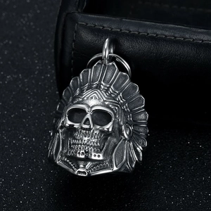Retro stainless steel Indian chief skull biker bell pendant with vintage silver finish