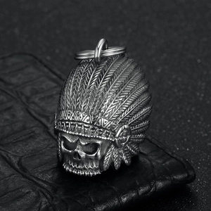 Vintage stainless steel Indian skull pendant with feathers on dark leather background