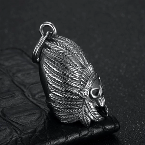 Retro stainless steel Indian skull motorcycle pendant necklace on black leather background