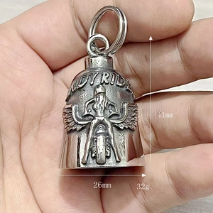 Detail of Lady Rider stainless steel bell pendant with dimensions and weight measurements