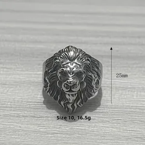 Detail view of lion head ring showing 25mm height and intricate mane textures