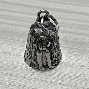 Detailed relief of punk style dog and flame pattern on vintage stainless steel bell