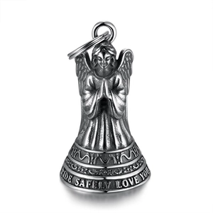 Vintage Stainless Steel Guardian Angel Bell Pendant For Motorcycle Biker Ride Safely Love You Protection Wing Bell Gift