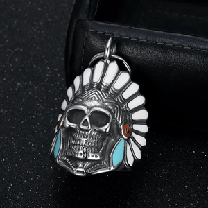 Vintage stainless steel Indian chief skull bell pendant with colorful enamel details
