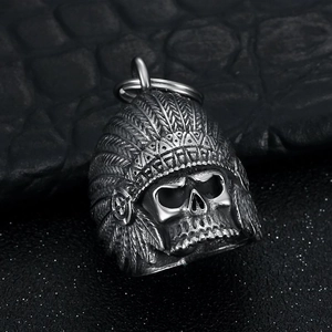 Gothic stainless steel Indian skull biker guardian bell pendant with feather headdress