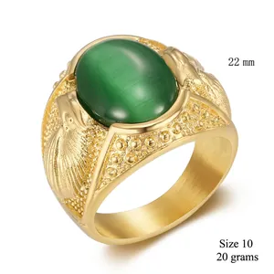 Hip hop gold plated stainless steel eagle ring for men with green cat eye stone inlay