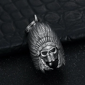 Vintage stainless steel indian skull biker bell pendant with feathered headpiece
