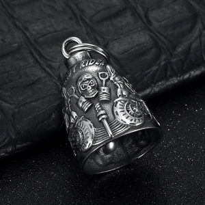 Vintage silver skull motorcycle ride bell keychain with rider lettering and steampunk gears