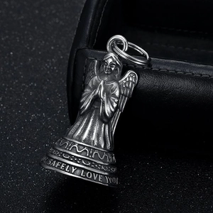 Vintage stainless steel angel guardian bell keychain with Drive Safely engraving