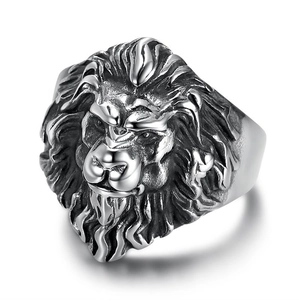 Retro punk lion head ring for men in polished stainless steel with antique silver finish