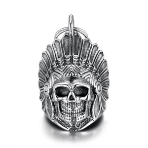 Native American chief skull bell pendant in vintage stainless steel for bikers