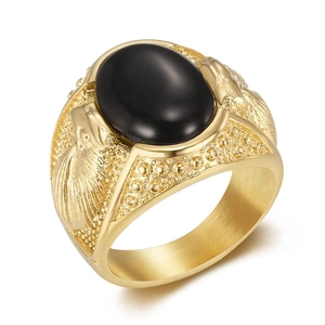 Men's hip-hop gold stainless steel ring with black oval stone and embossed details