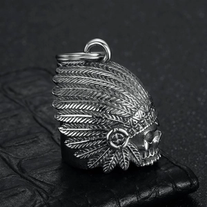 Gothic stainless steel Indian skull rider bell pendant on black crocodile leather background