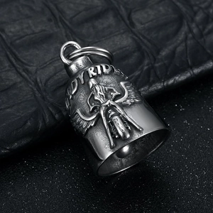 Guardian Bell motorcycle pendant for women featuring Lady Rid embossed design on steel