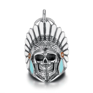 Vintage punk Indian chief skull bell pendant in stainless steel with colorful enamel
