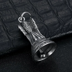 Retro stainless steel angel rider bell keychain with Watch Over engraving on leather