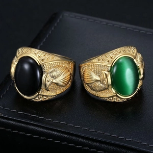 Hip Hop Stainless Steel Eagle Ring For Men Vintage Gold Plated Rhinestone Cat Eye Stone Punk Rock Mens Signet Finger Ring