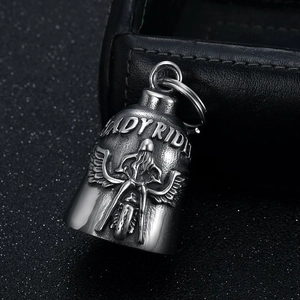 Vintage silver stainless steel bell pendant with wings and Lady Ride motorcycle emblem