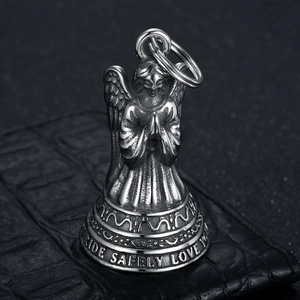 Retro stainless steel biker guardian bell with praying angel and Ride Safely engraving
