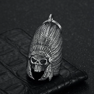 Retro stainless steel Indian skull pendant necklace on a black crocodile texture leather base