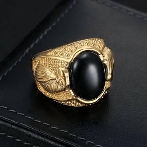 Hip hop gold plated stainless steel ring for men with black stone and relief details