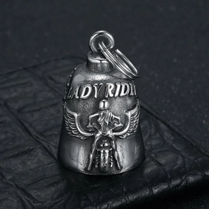 Vintage stainless steel Lady Rider guardian bell pendant for motorcycle luck and protection