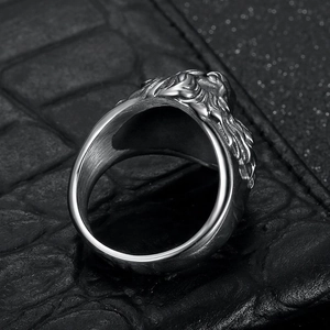 Retro punk lion head signet ring for men in vintage stainless steel with matte finish