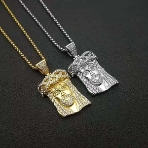 Collier Pendentif Tête de Jésus Hip Hop en Acier Inoxydable pour Homme Bijoux Religieux en Strass Iced Out Plaqué Or Argent
