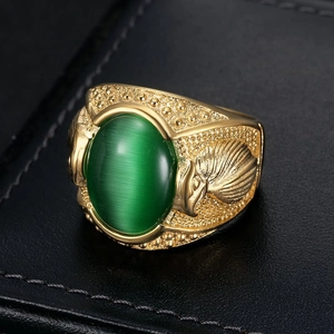 Hip-hop gold-plated stainless steel eagle ring with oval green cat-eye stone for men