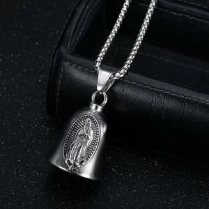 Vintage stainless steel Virgin Mary guardian bell pendant on box chain necklace