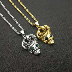 Edelstahl Krone Totenkopf Anhänger Halskette Grüne Strass Augen Hip Hop Gothic Schmuck Gold Silber Stahl Farbe König Schädel Anhänger