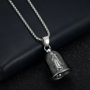 Vintage stainless steel Virgin Mary guardian bell pendant necklace with a box chain