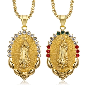 Collier Pendentif Vierge Marie en Acier Inoxydable Hip Hop pour Hommes Vintage Plaqué Or Strass Ovale Bijoux Religieux Cadeau