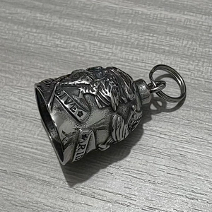 Detail of stainless steel biker bell with eagle and Live to Ride engraving on wood