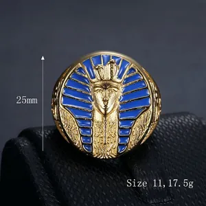 25mm gold plated titanium steel Egyptian Pharaoh ring with blue enamel detailing