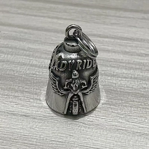 Detailed relief of Lady Rider on a vintage silver stainless steel motorcycle bell pendant