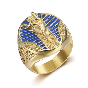 Gold plated stainless steel Pharaoh ring for men with blue enamel detailing and relief