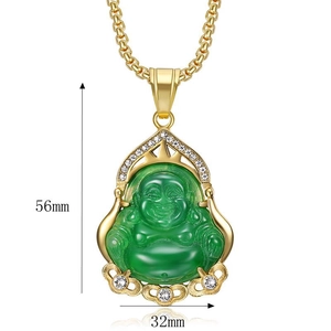 Dettaglio del ciondolo Buddha che mostra dimensioni di 56 mm di altezza e 32 mm di larghezza