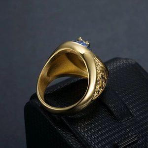 Men's gold plated stainless steel signet ring with Egyptian Eye of Horus blue enamel