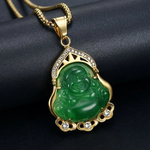 Collana Con Pendente Buddha Maitreya Hip Hop in Acciaio Inossidabile Placcato Oro per Uomo Donna Gioielli Religiosi con Strass e Finta Giada