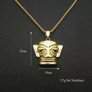 Golden Sanxingdui mask pendant necklace in ethnic hip-hop style, 45mm x 38mm charm